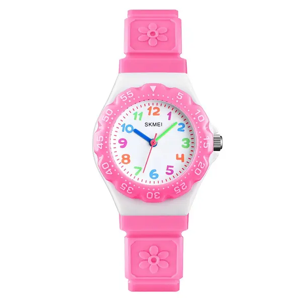 SKMEI 1483 Analog Style Silicone Strap Kid's Watch – Dial Color: White, Strap Color: Pink – View 1