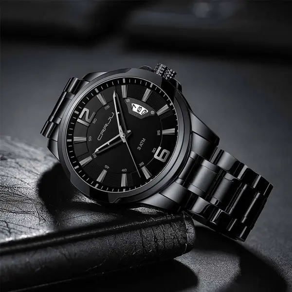 CRRJU 2191 High Quality Stainless Steel Analog Quartz Men's Watch – Dial Color: Black, Strap Color: Black – View 2