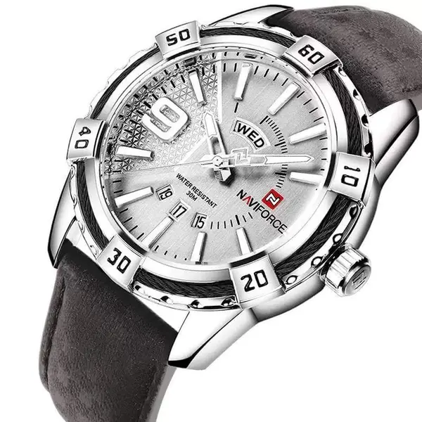 Naviforce NF9117L Comfortable Leather Strap Luxury Fashion and Sports Men's Watch – Dial Color: Silver, Strap Color:  Brown  – View 3