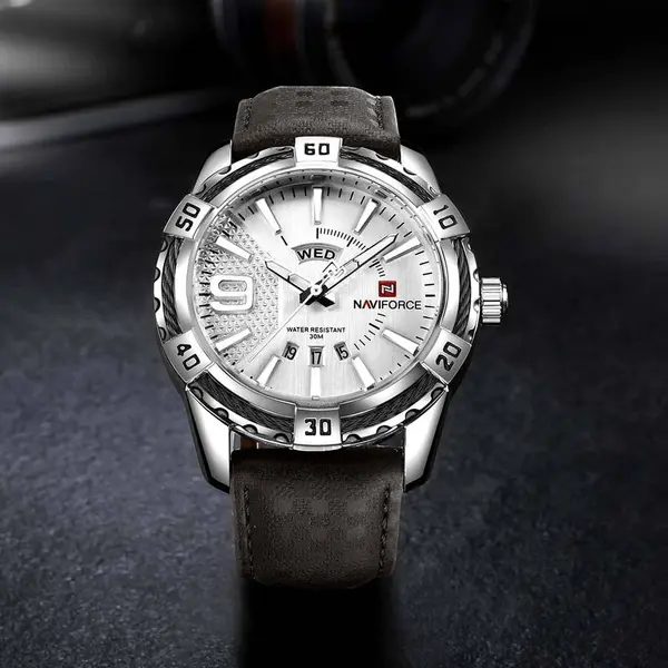 Naviforce NF9117L Comfortable Leather Strap Luxury Fashion and Sports Men's Watch – Dial Color: Silver, Strap Color:  Brown  – View 4