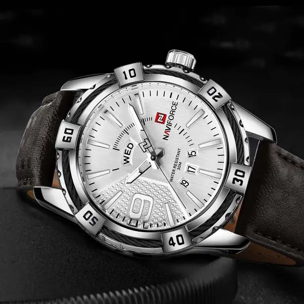 Naviforce NF9117L Comfortable Leather Strap Luxury Fashion and Sports Men's Watch – Dial Color: Silver, Strap Color:  Brown  – View 5