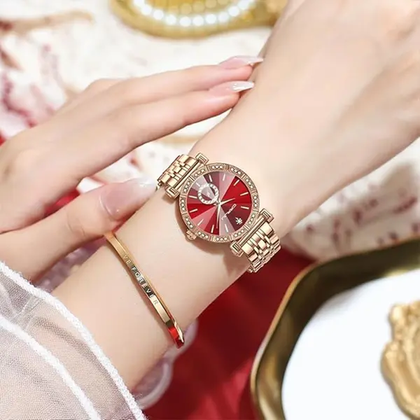 CRRJU 2494 Classic Fashion Rhinestone Diamond Movement Analog Dress  Women Watch – Dial Color: Red, Strap Color:  Brown  – View 4