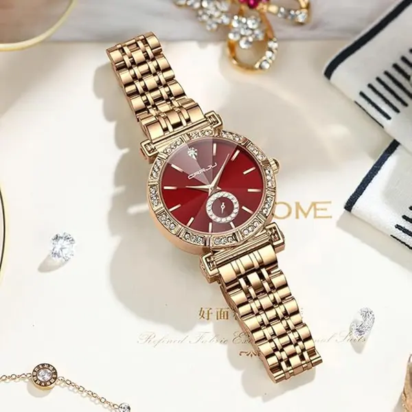 CRRJU 2494 Classic Fashion Rhinestone Diamond Movement Analog Dress  Women Watch – Dial Color: Red, Strap Color:  Brown  – View 5