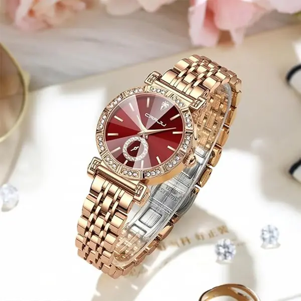 CRRJU 2494 Classic Fashion Rhinestone Diamond Movement Analog Dress  Women Watch – Dial Color: Red, Strap Color:  Brown  – View 3