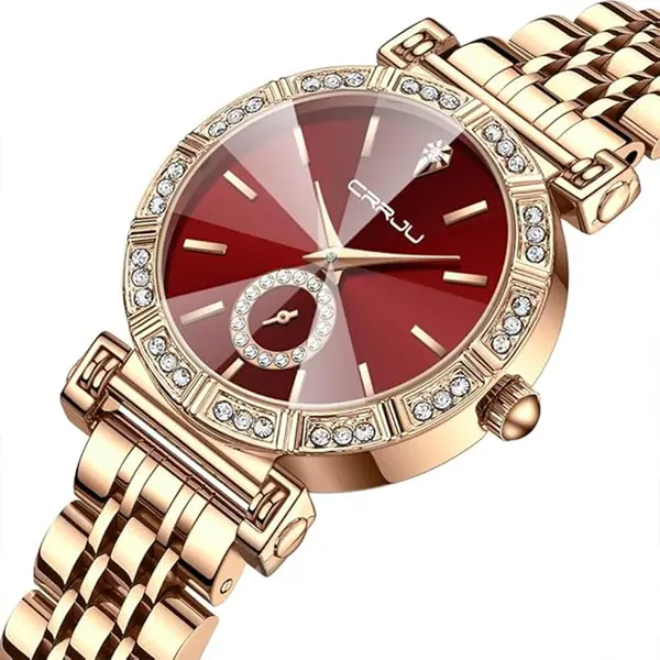 CRRJU 2494 Classic Fashion Rhinestone Diamond Movement Analog Dress  Women Watch – Dial Color: Red, Strap Color:  Brown  – View 2