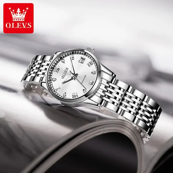 OLEVS 6602 Stainless Steel luxurious Casual Waterproof Automatic Watch – Dial Color: White, Strap Color: Silver – View 3