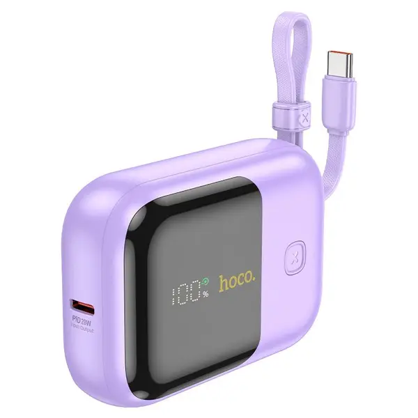 HOCO Q20 10000mAh Fountain Built-in Cable Mini Fast Charging Power Bank – Color: Purple – View 2