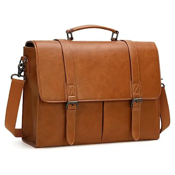 RAINSMORE Men Vintage Leather Waterproof Multicategory Office Bag – Color: Brown – View 1