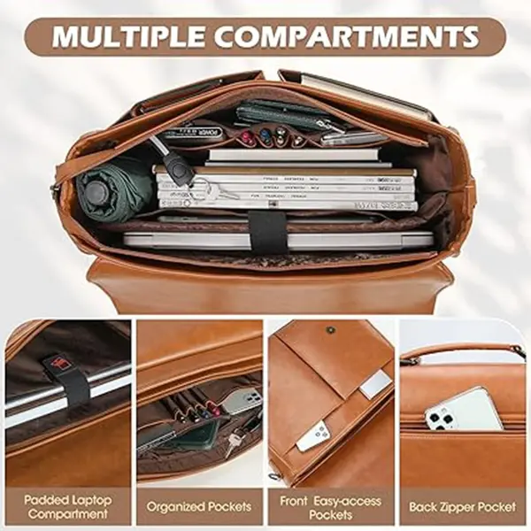 RAINSMORE Men Vintage Leather Waterproof Multicategory Office Bag – Color: Brown – View 2
