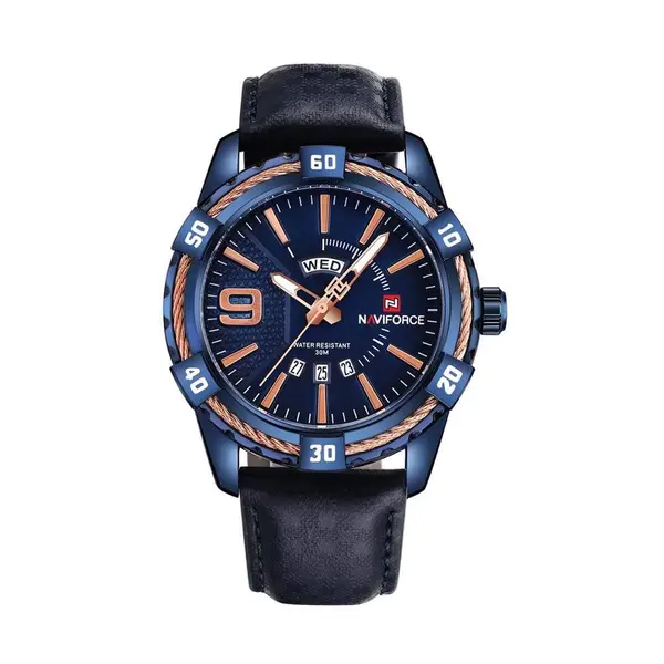 Naviforce NF9117L Comfortable Leather Strap Luxury Fashion and Sports Men's Watch – Dial Color: Bronze, Strap Color: Blue – View 1