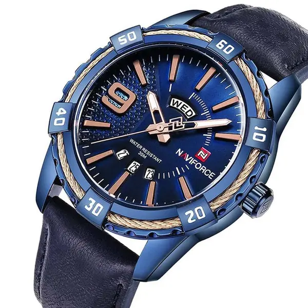 Naviforce NF9117L Comfortable Leather Strap Luxury Fashion and Sports Men's Watch – Dial Color: Bronze, Strap Color: Blue – View 3