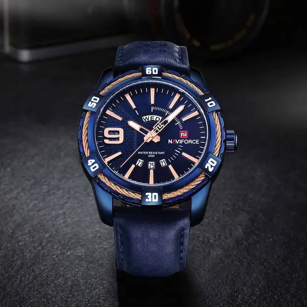 Naviforce NF9117L Comfortable Leather Strap Luxury Fashion and Sports Men's Watch – Dial Color: Bronze, Strap Color: Blue – View 4