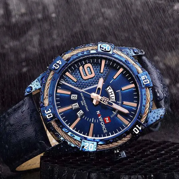 Naviforce NF9117L Comfortable Leather Strap Luxury Fashion and Sports Men's Watch – Dial Color: Bronze, Strap Color: Blue – View 5