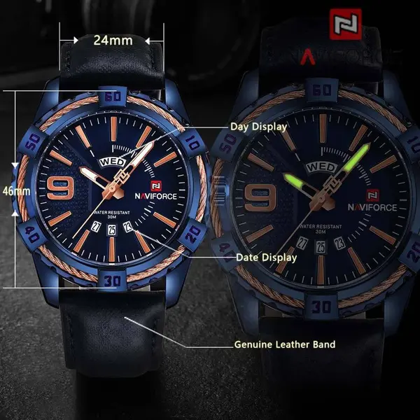 Naviforce NF9117L Comfortable Leather Strap Luxury Fashion and Sports Men's Watch – Dial Color: Bronze, Strap Color: Blue – View 6