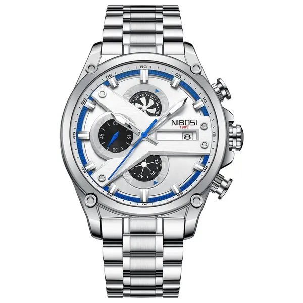 Nibosi 2513 High-Quality Stainless Steel Chronograph Men's Watch – Dial Color: White, Strap Color: Silver – View 1