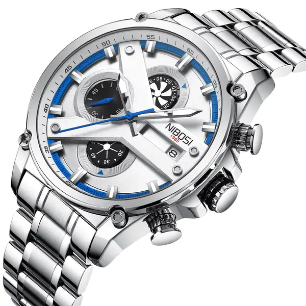 Nibosi 2513 High-Quality Stainless Steel Chronograph Men's Watch – Dial Color: White, Strap Color: Silver – View 2