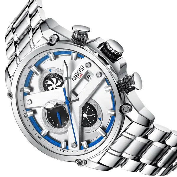 Nibosi 2513 High-Quality Stainless Steel Chronograph Men's Watch – Dial Color: White, Strap Color: Silver – View 3