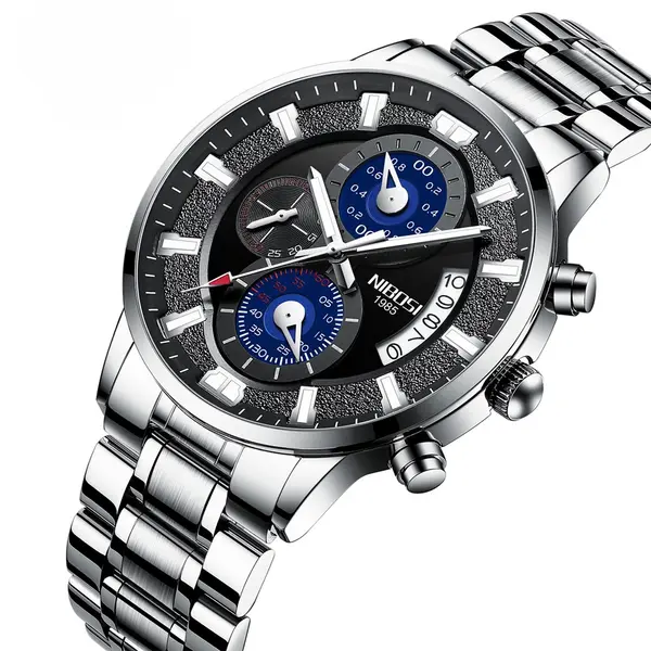 Nibosi 2382 Luxury Stainless Steel Waterproof Men's Watch – Dial Color: Black, Strap Color: Silver – View 2
