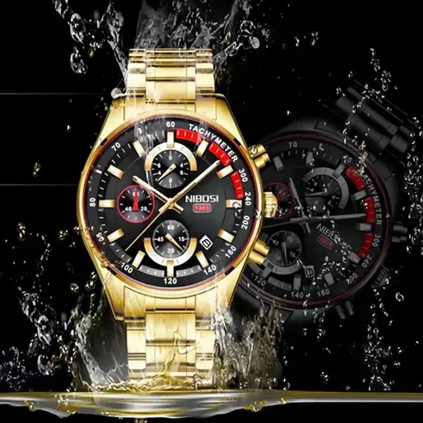 Nibosi 2375 High Quality Stainless Steel Analog Men's Watch – Dial Color: Black Gold, Strap Color: Silver – View 2