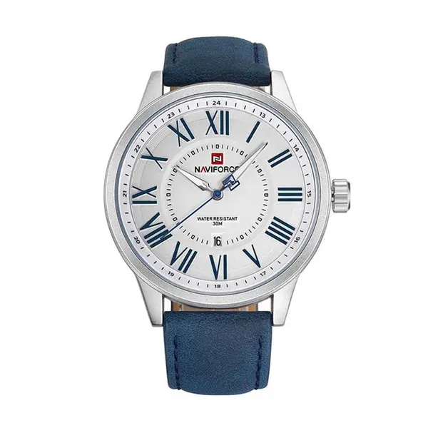 Naviforce NF9126 Luxury Genuine Leather Strap Casual Fashion Men's Watch – Dial Color: Silver, Strap Color: Blue – View 1