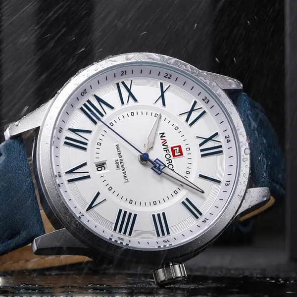 Naviforce NF9126 Luxury Genuine Leather Strap Casual Fashion Men's Watch – Dial Color: Silver, Strap Color: Blue – View 2