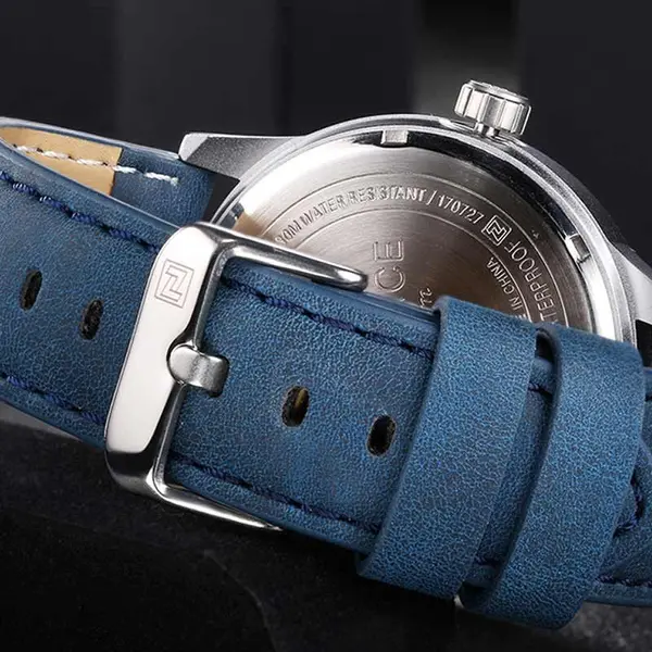 Naviforce NF9126 Luxury Genuine Leather Strap Casual Fashion Men's Watch – Dial Color: Silver, Strap Color: Blue – View 3