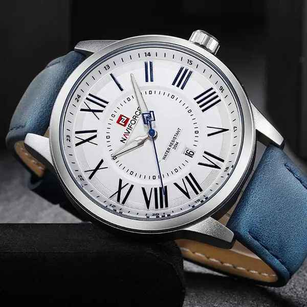 Naviforce NF9126 Luxury Genuine Leather Strap Casual Fashion Men's Watch – Dial Color: Silver, Strap Color: Blue – View 4