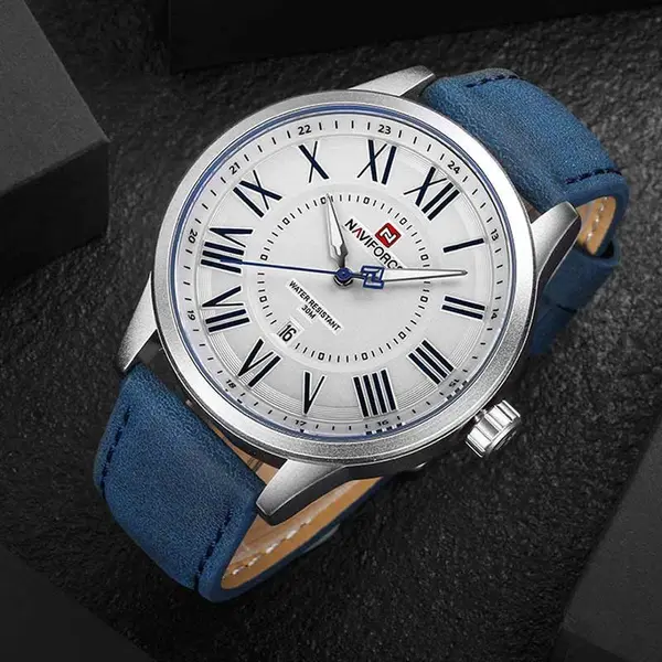 Naviforce NF9126 Luxury Genuine Leather Strap Casual Fashion Men's Watch – Dial Color: Silver, Strap Color: Blue – View 5