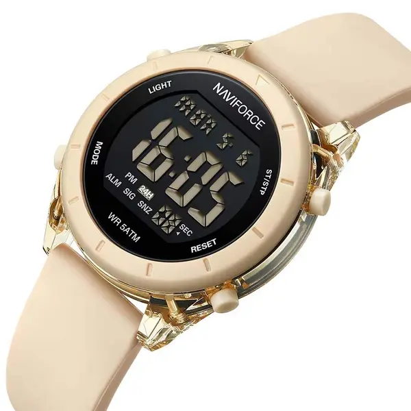 Naviforce NF7108 Silicone Strap Multi-Functional Sport Fashion Digital Women Watch – Dial Color: Black, Strap Color: Beige – View 2