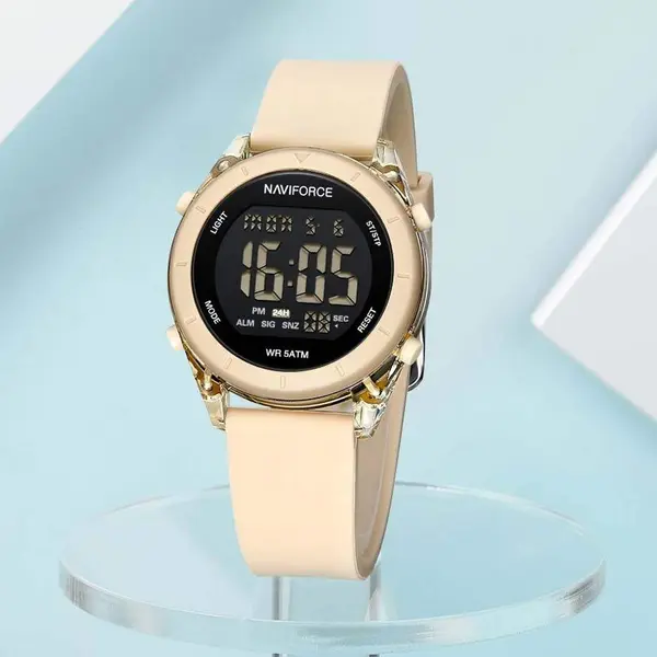 Naviforce NF7108 Silicone Strap Multi-Functional Sport Fashion Digital Women Watch – Dial Color: Black, Strap Color: Beige – View 3