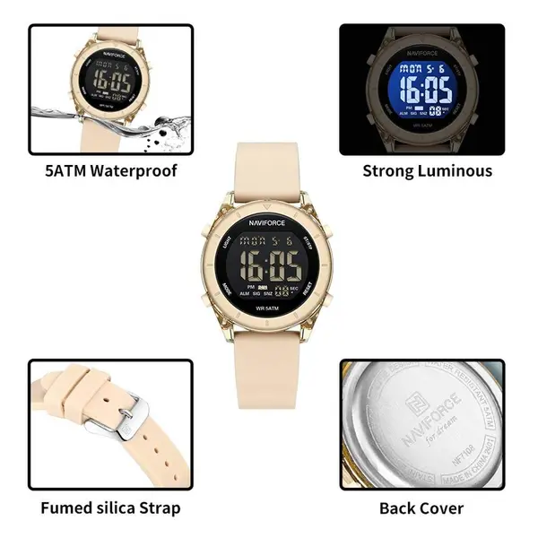 Naviforce NF7108 Silicone Strap Multi-Functional Sport Fashion Digital Women Watch – Dial Color: Black, Strap Color: Beige – View 5