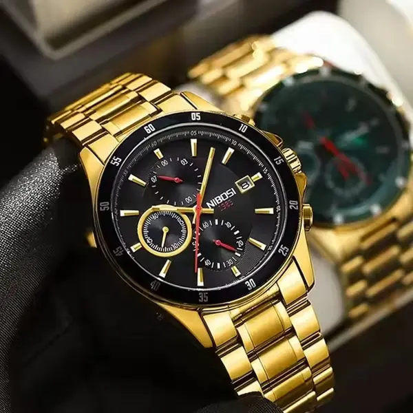 Nibosi 2530 Luxury Stainless Steel Chronograph Men's Watch – Dial Color: Black Gold, Strap Color: Gold – View 2