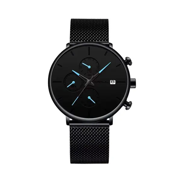 CRRJU 2268 Luxury Black Mesh Steel Band Chronograph Casual Fashion Men’s Watch – Dial Color: Blue, Strap Color: Black – View 1
