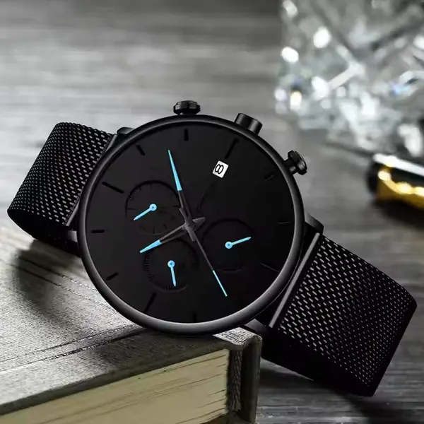 CRRJU 2268 Luxury Black Mesh Steel Band Chronograph Casual Fashion Men’s Watch – Dial Color: Blue, Strap Color: Black – View 2
