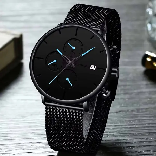 CRRJU 2268 Luxury Black Mesh Steel Band Chronograph Casual Fashion Men’s Watch – Dial Color: Blue, Strap Color: Black – View 3