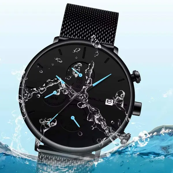 CRRJU 2268 Luxury Black Mesh Steel Band Chronograph Casual Fashion Men’s Watch – Dial Color: Blue, Strap Color: Black – View 4