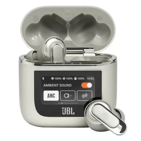 JBL Tour Pro 2 Smart True Wireless Earbuds – Color: Silver – View 1