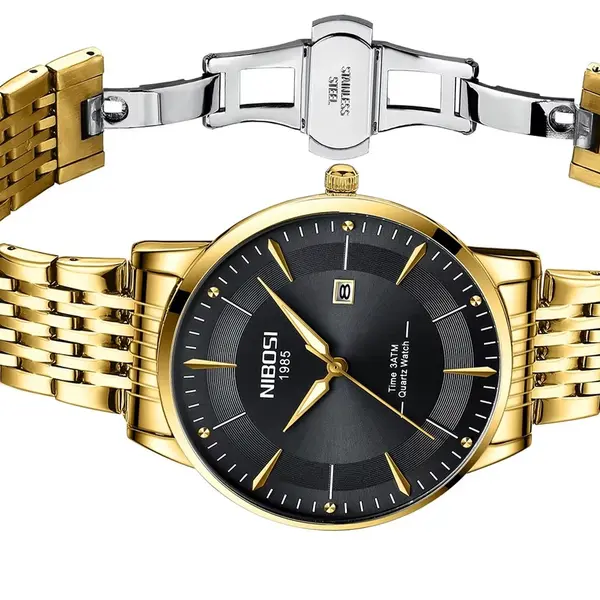 Nibosi 2525 Classic Stainless Steel Analog Fashion Men's Watch – Dial Color: Black Gold, Strap Color: Gold – View 3