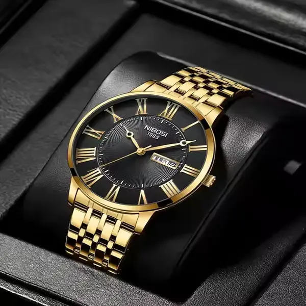 Nibosi 2525 Classic Stainless Steel Analog Fashion Men's Watch – Dial Color: Black Gold, Strap Color: Gold – View 2