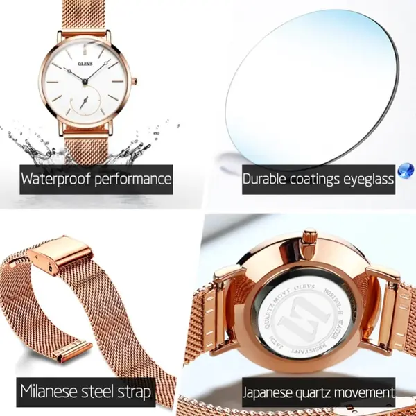 OLEVS 5190 Women Steel Mesh Quartz Luxury Popular Dress Lady Beautiful Watch – Dial Color: White, Strap Color:  Brown  – View 3