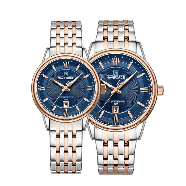 Naviforce NF8040 High Quality Stainless Steel Classic Quartz Fashion Couple's Watch – Dial Color: Black, Strap Color: Gold  – View 1