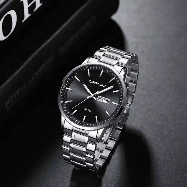 CRRJU 2193 High Qualityy Stainless Steel Sport and Casual Fashion Men's Watch – Dial Color: Black, Strap Color: Silver – View 2