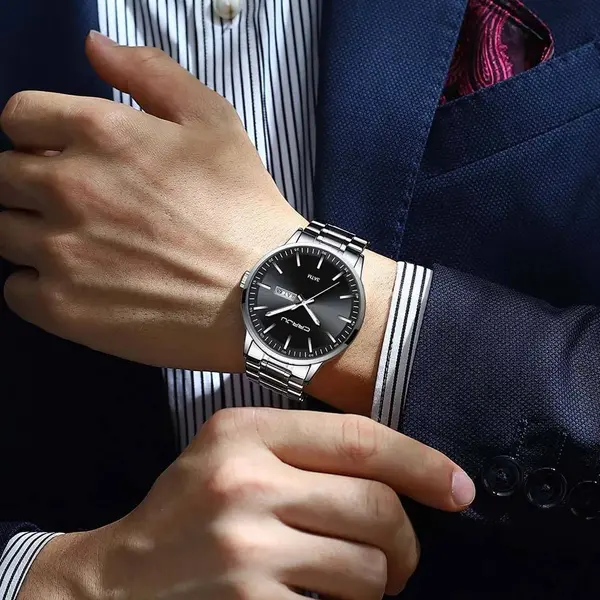 CRRJU 2193 High Qualityy Stainless Steel Sport and Casual Fashion Men's Watch – Dial Color: Black, Strap Color: Silver – View 3