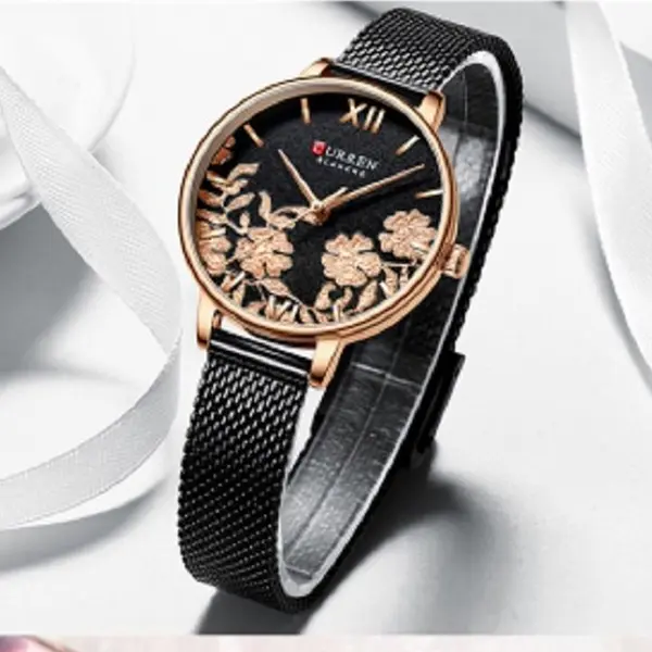 Curren 9065 Quartz Watch With Stainless Steel Strap for Women – Dial Color: Black, Strap Color: Black – View 2