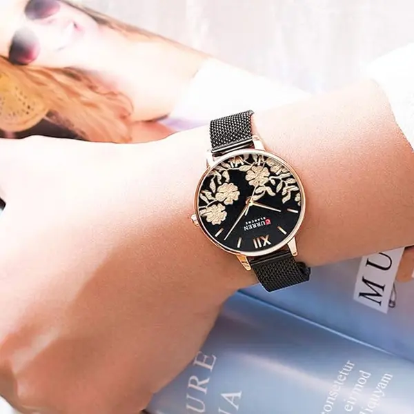 Curren 9065 Quartz Watch With Stainless Steel Strap for Women – Dial Color: Black, Strap Color: Black – View 3
