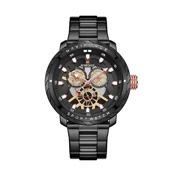 Naviforce NF9158 Luxury Stainless Steel Multifunctional Quartz Men's Watch – Dial Color: Black, Strap Color: Black – View 1
