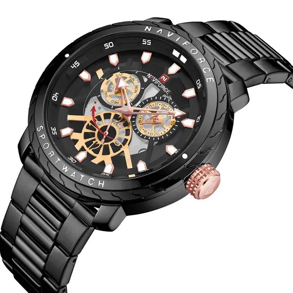 Naviforce NF9158 Luxury Stainless Steel Multifunctional Quartz Men's Watch – Dial Color: Black, Strap Color: Black – View 3