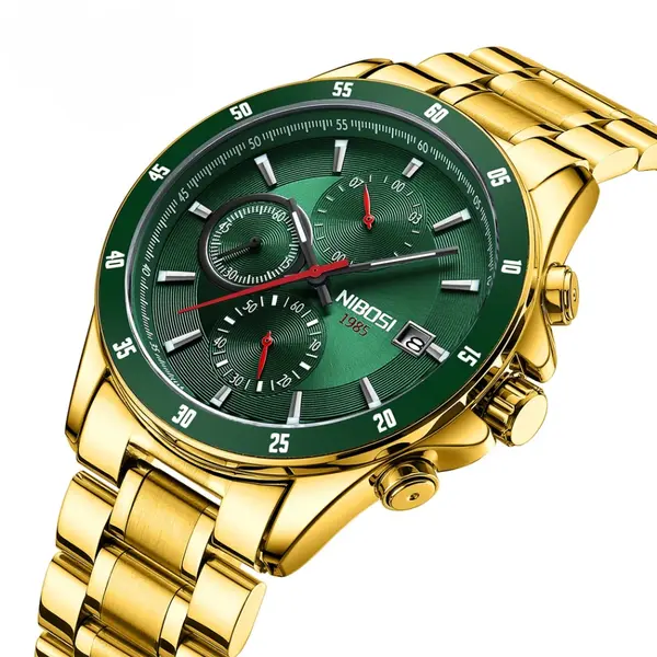 Nibosi 2530 Luxury Stainless Steel Chronograph Men's Watch – Dial Color: Green, Strap Color: Gold – View 2