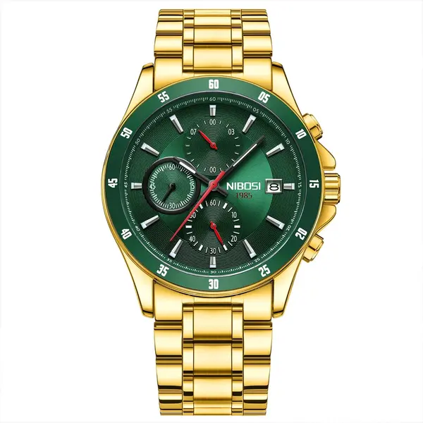 Nibosi 2530 Luxury Stainless Steel Chronograph Men's Watch – Dial Color: Green, Strap Color: Gold – View 1
