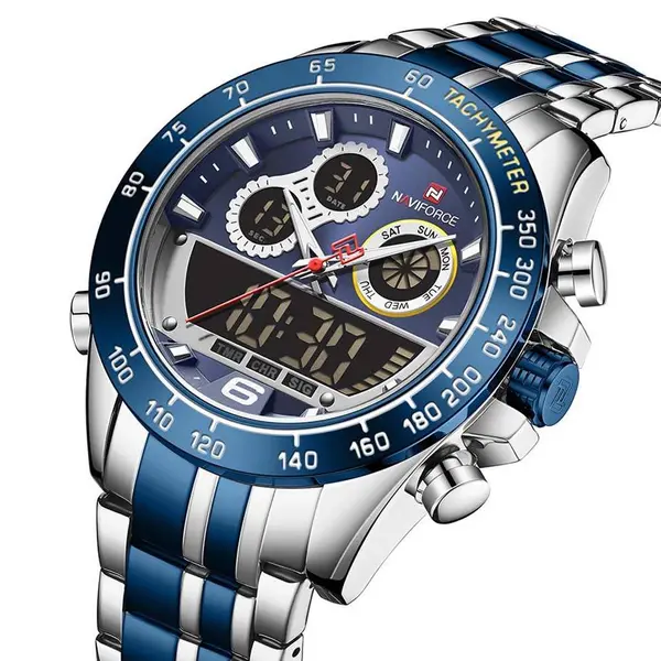 Naviforce NF9188 Luxury Stainless Steel Strap Analog Digital Sports Men's Watch – Dial Color: Blue, Strap Color: Silver – View 2